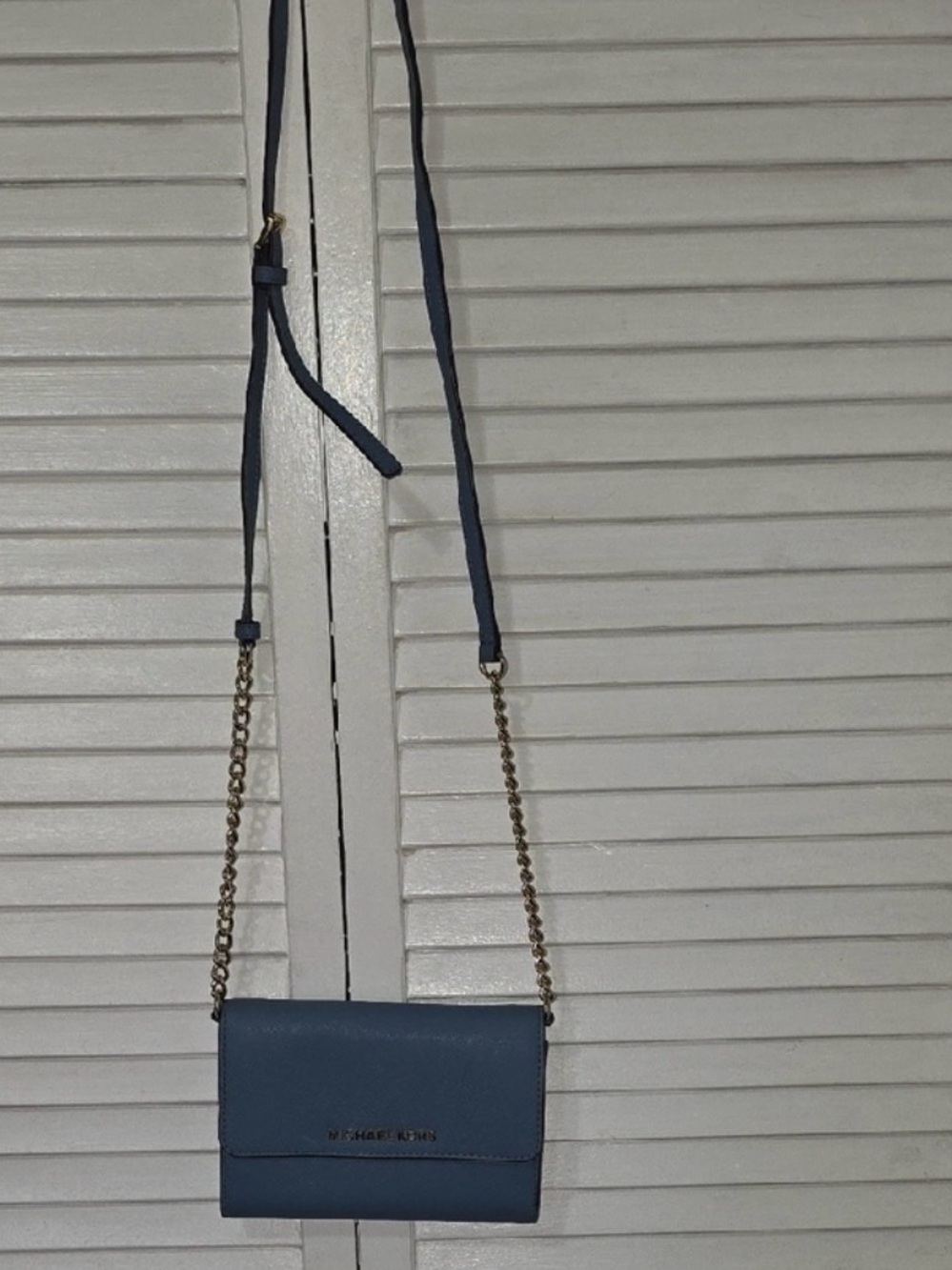 Michael Kors Blue Leather Crossbody Wallet with Gold Chain